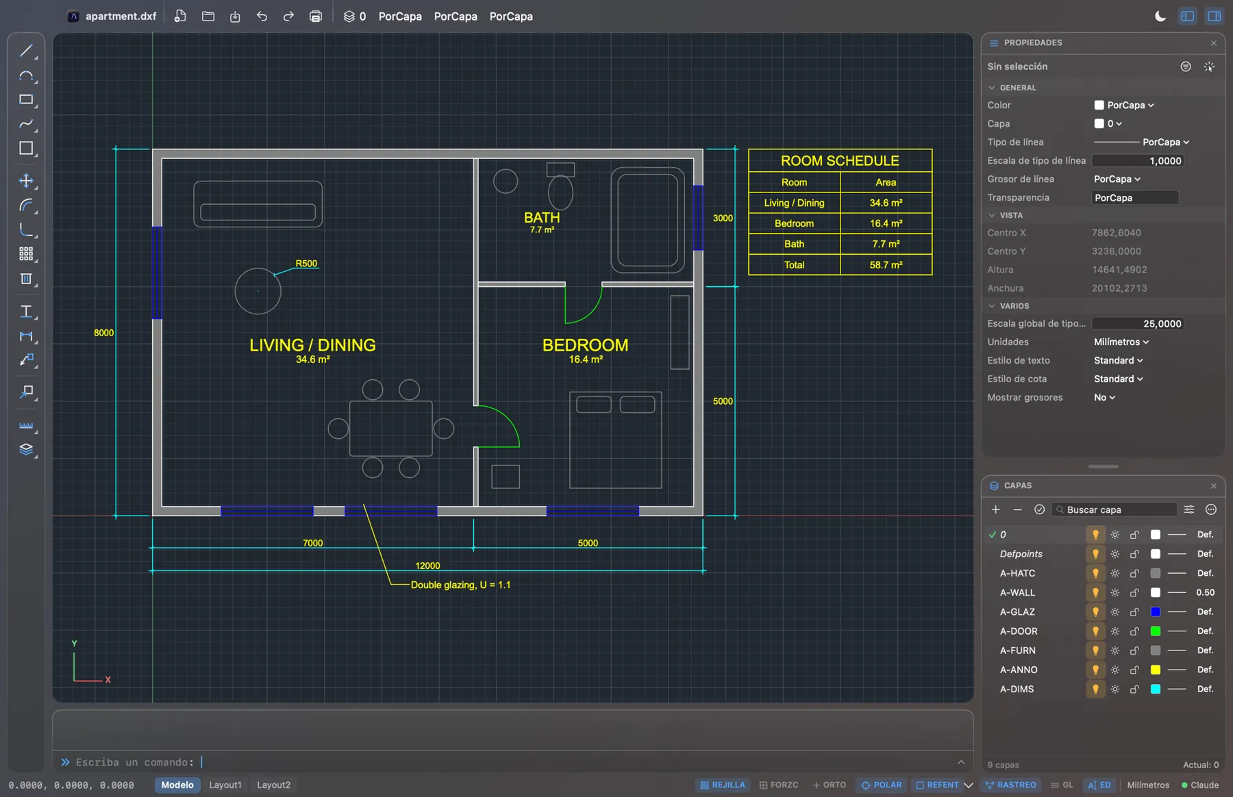 Plano de un departamento con cotas y tabla de áreas en CAD Meier Studio
